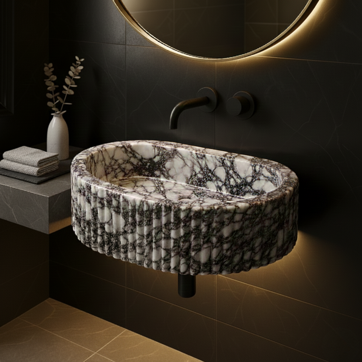 Natural Calacatta Viola Marble Fluted Sink