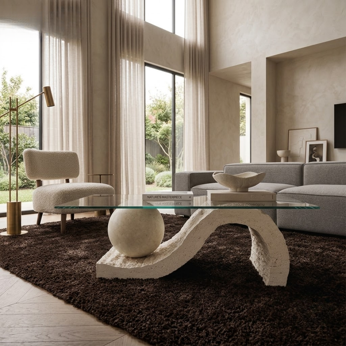 Travertine Coffee Table with Glass Top