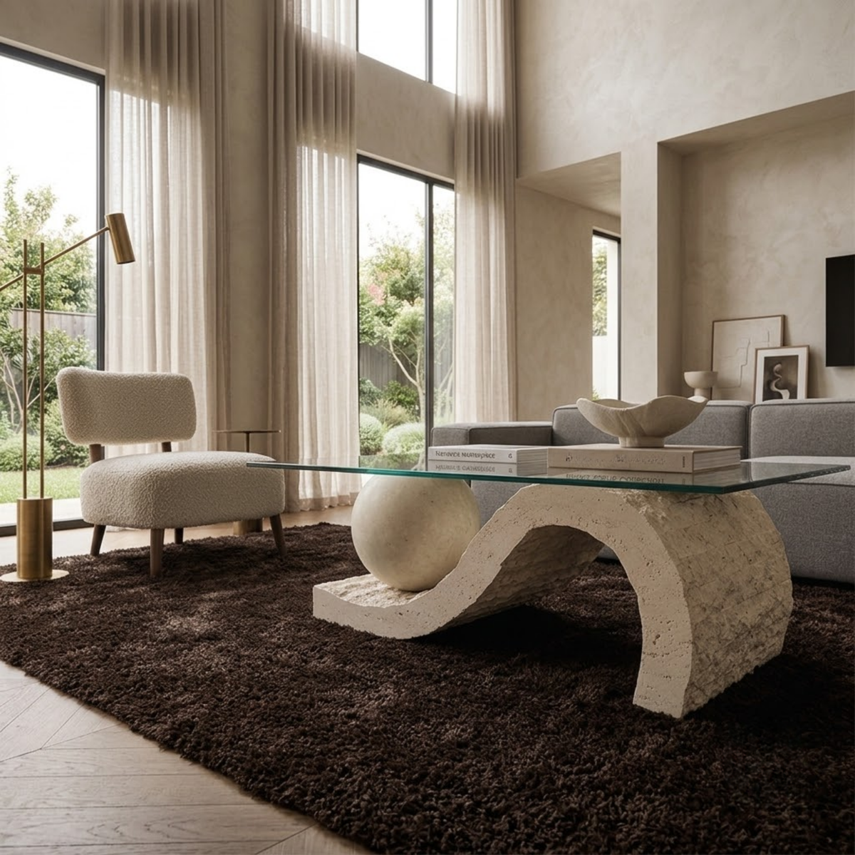 Travertine Coffee Table with Glass Top