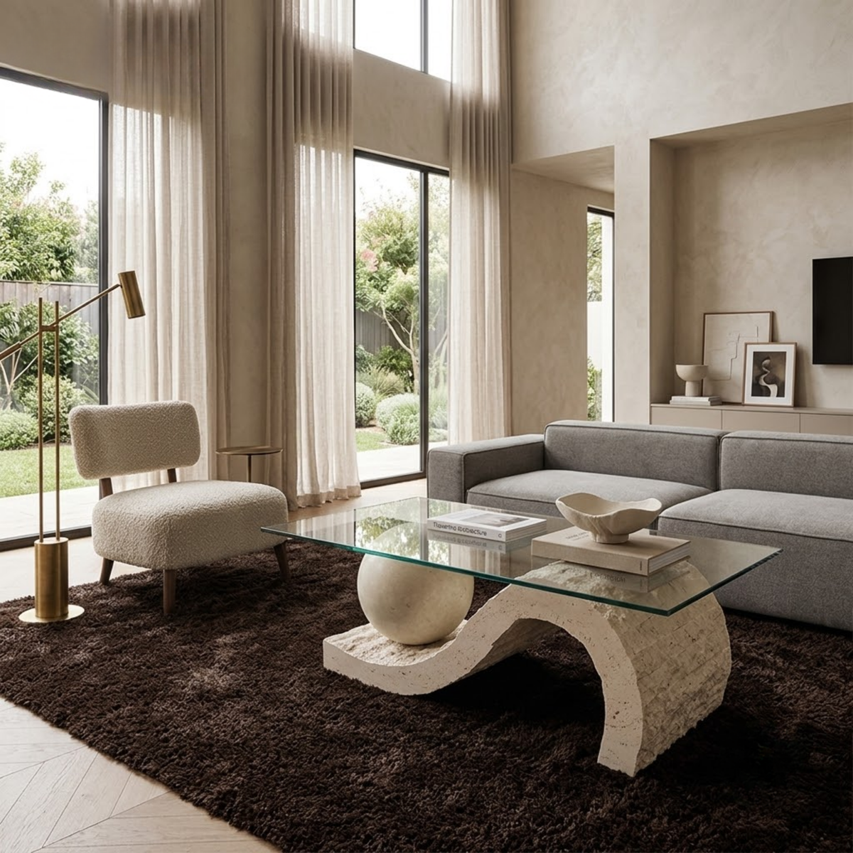 Travertine Coffee Table with Glass Top