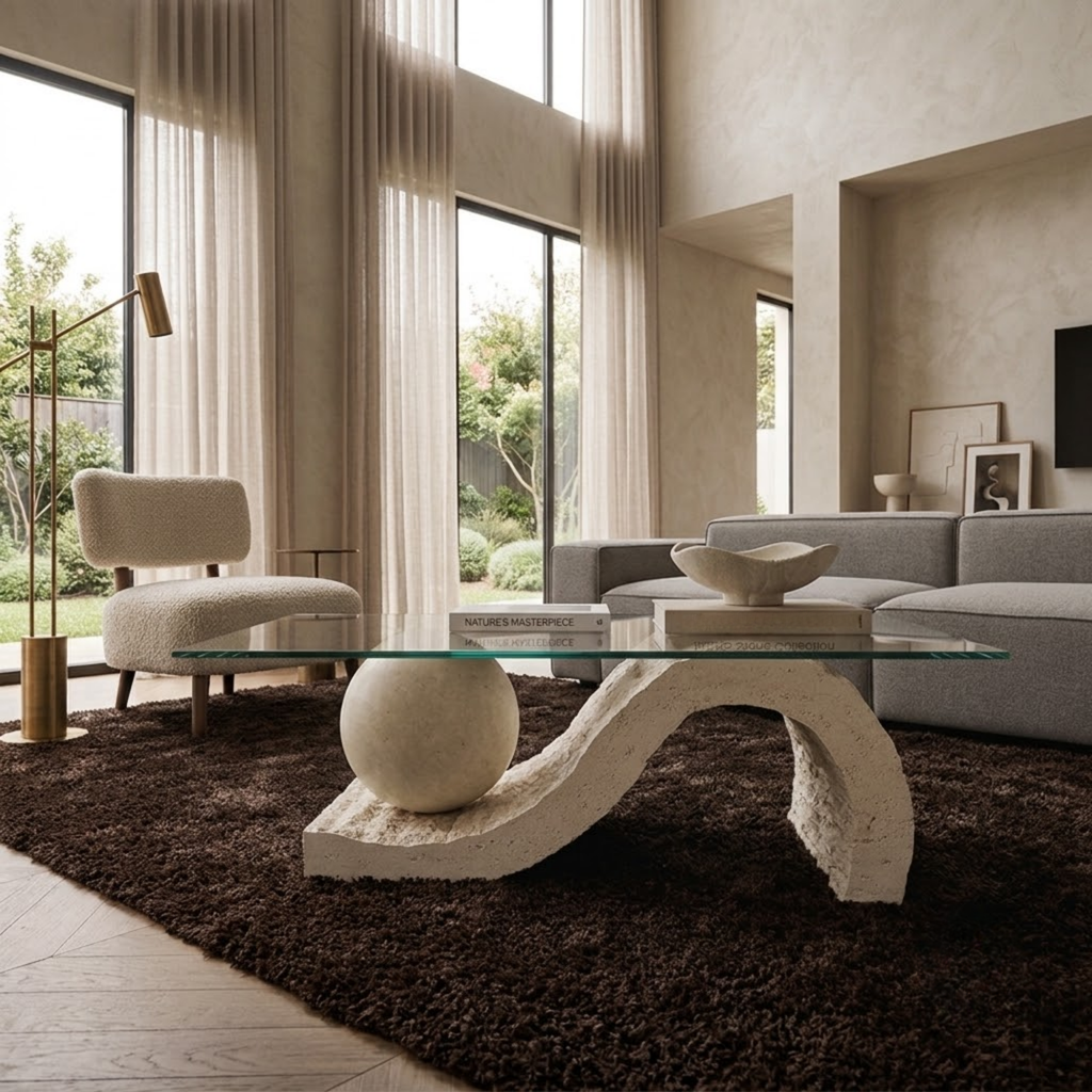 Travertine Coffee Table with Glass Top