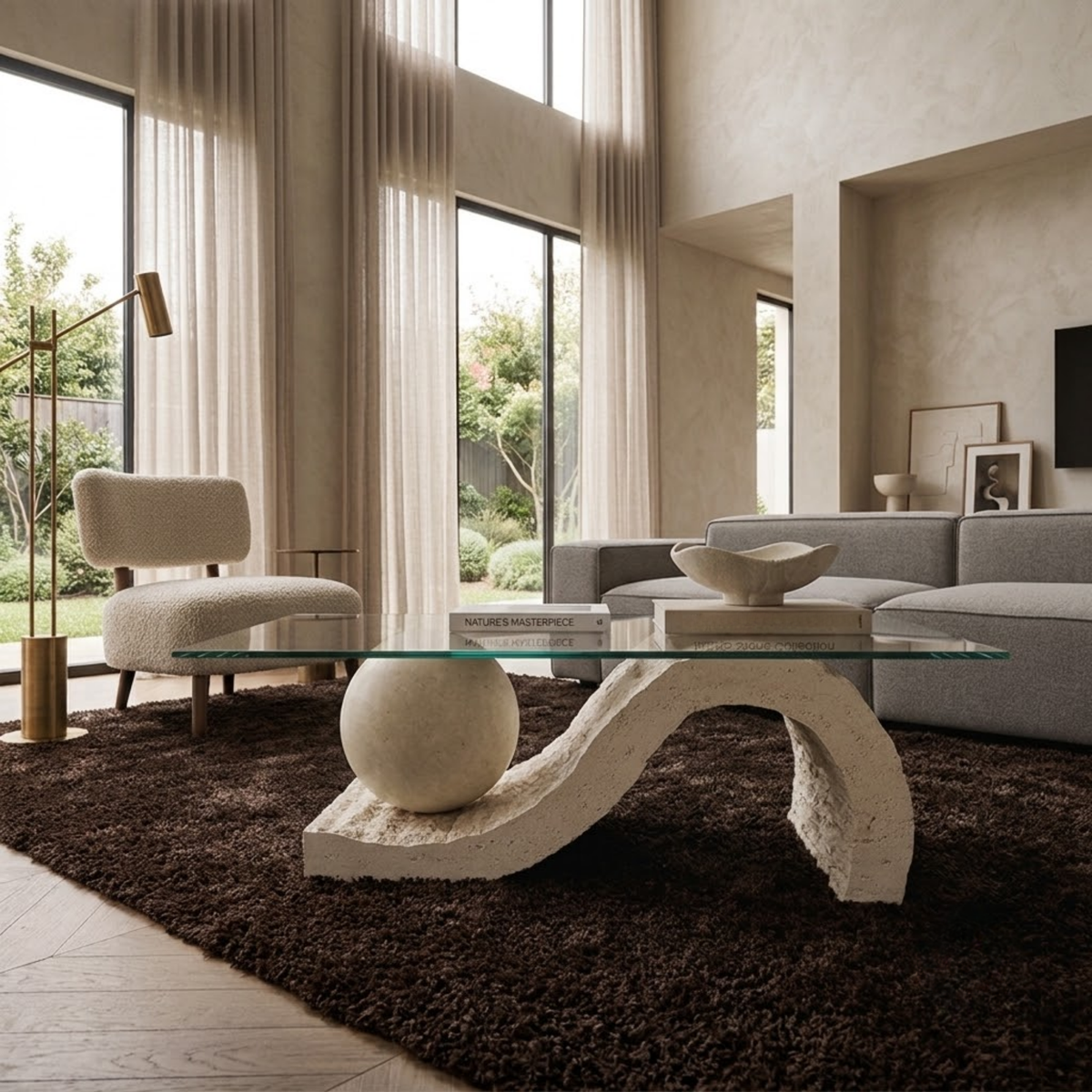 Travertine Coffee Table with Glass Top